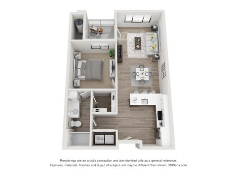 Floor plan for 1 bed, 1 bath, 755 sqft